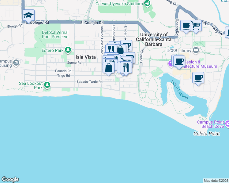 map of restaurants, bars, coffee shops, grocery stores, and more near 6561 Del Playa Drive in Goleta