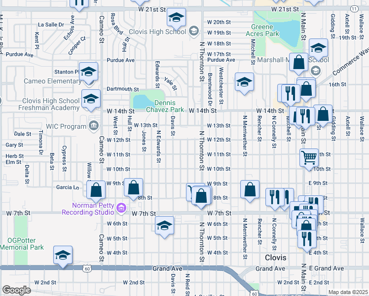 map of restaurants, bars, coffee shops, grocery stores, and more near 1108 North Reid Street in Clovis
