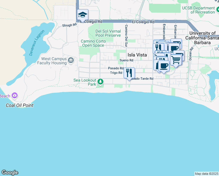 map of restaurants, bars, coffee shops, grocery stores, and more near 6764 Del Playa Drive in Goleta