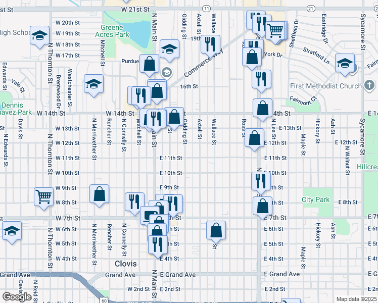 map of restaurants, bars, coffee shops, grocery stores, and more near 1109 Gidding Street in Clovis