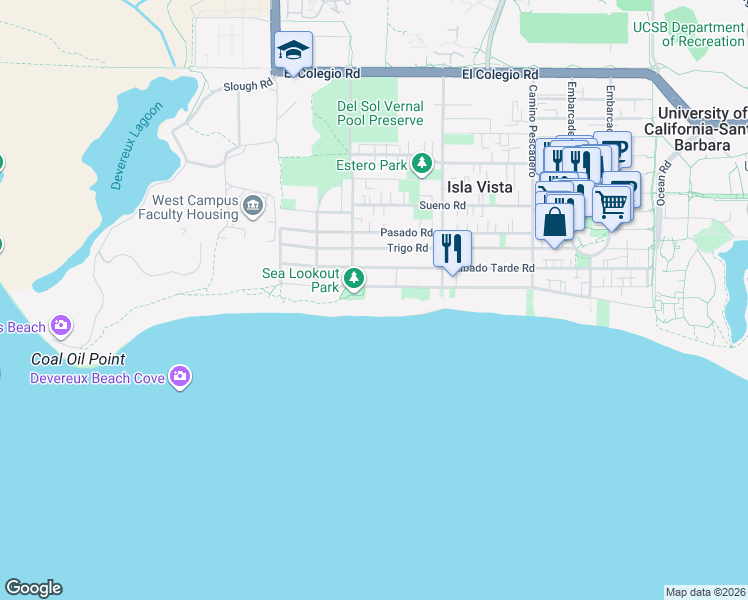 map of restaurants, bars, coffee shops, grocery stores, and more near 6764 Del Playa Drive in Goleta