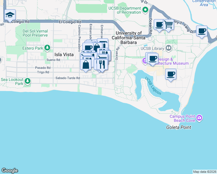 map of restaurants, bars, coffee shops, grocery stores, and more near 6520 El Nido Lane in Goleta