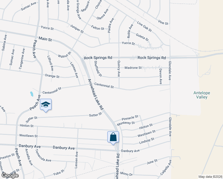 map of restaurants, bars, coffee shops, grocery stores, and more near 18917 Centennial Street in Hesperia
