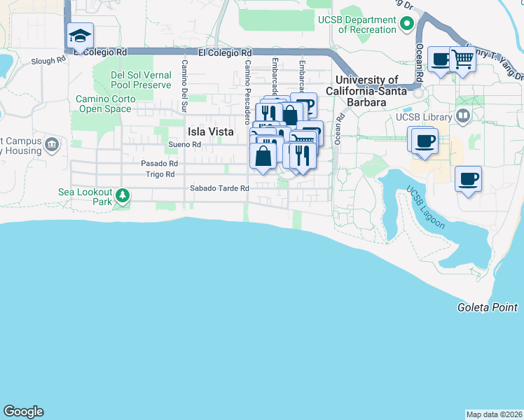 map of restaurants, bars, coffee shops, grocery stores, and more near 6571 Sabado Tarde Road in Isla Vista