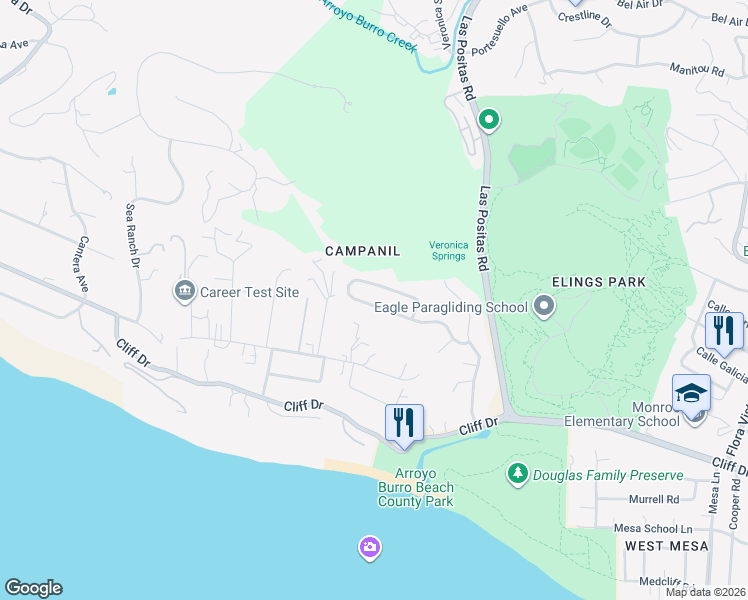 map of restaurants, bars, coffee shops, grocery stores, and more near 112 Vista Del Mar Drive in Santa Barbara