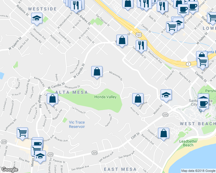 map of restaurants, bars, coffee shops, grocery stores, and more near 858 Highland Drive in Santa Barbara