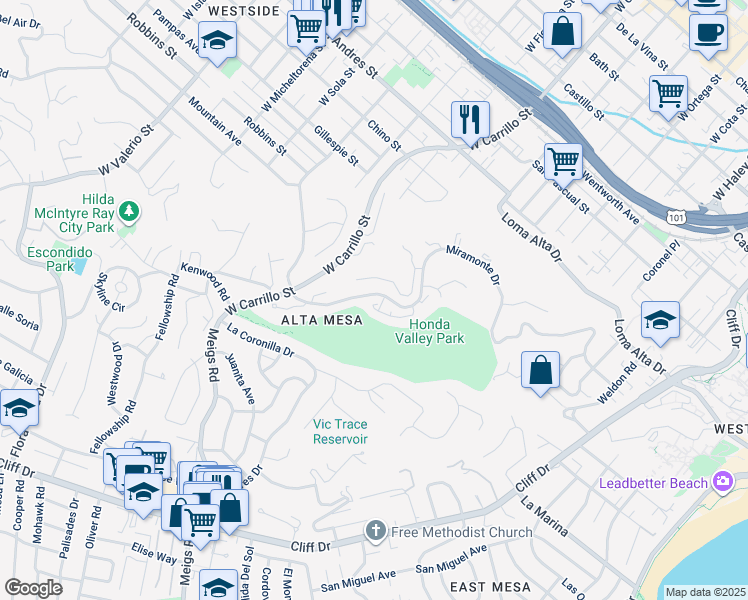 map of restaurants, bars, coffee shops, grocery stores, and more near 1054 Miramonte Drive in Santa Barbara