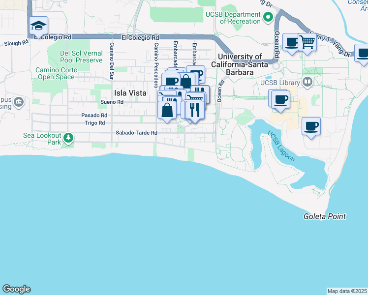 map of restaurants, bars, coffee shops, grocery stores, and more near 1020 El Embarcadero Road in Goleta