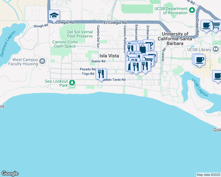 map of restaurants, bars, coffee shops, grocery stores, and more near 6647 Del Playa Drive in Goleta