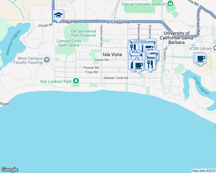 map of restaurants, bars, coffee shops, grocery stores, and more near 6686 Del Playa Drive in Goleta