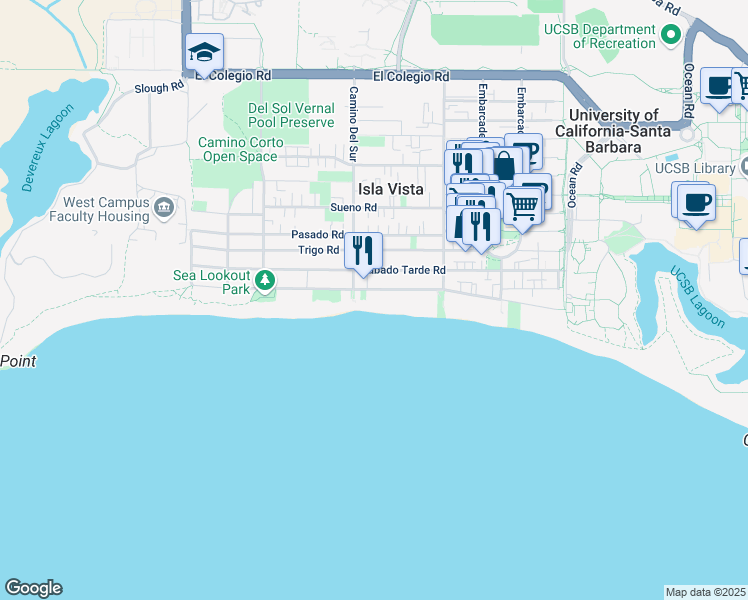 map of restaurants, bars, coffee shops, grocery stores, and more near 6686 Del Playa Drive in Goleta