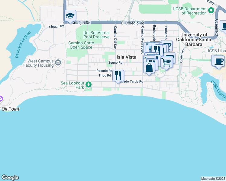 map of restaurants, bars, coffee shops, grocery stores, and more near 6728 Del Playa Drive in Goleta