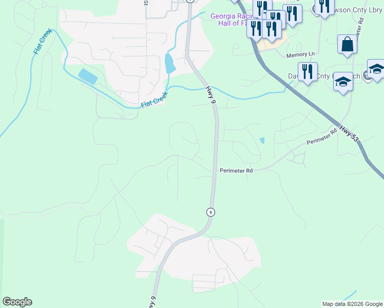 map of restaurants, bars, coffee shops, grocery stores, and more near 17 Burt's Crossing Drive in Dawsonville