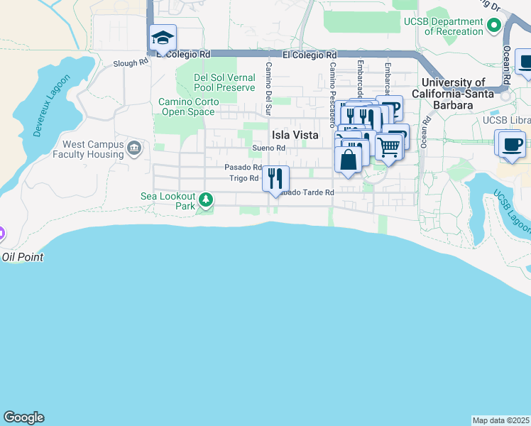 map of restaurants, bars, coffee shops, grocery stores, and more near 6728 Del Playa Drive in Goleta