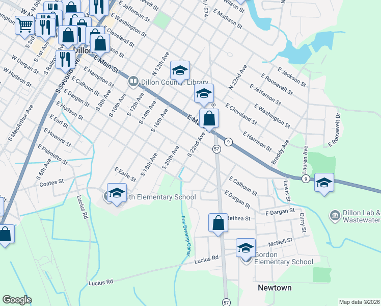 map of restaurants, bars, coffee shops, grocery stores, and more near 1112 East Hampton Street in Dillon