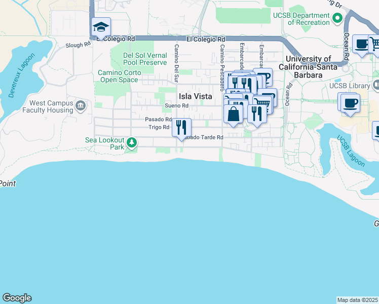 map of restaurants, bars, coffee shops, grocery stores, and more near 6686 Del Playa Drive in Goleta