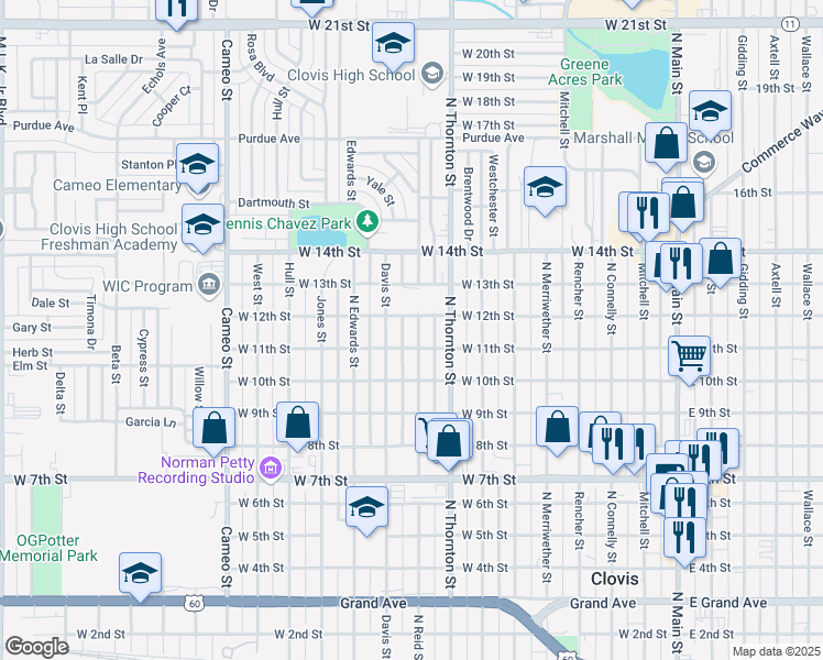 map of restaurants, bars, coffee shops, grocery stores, and more near 1116 North Reid Street in Clovis
