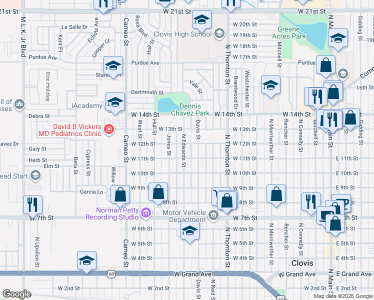 map of restaurants, bars, coffee shops, grocery stores, and more near 1201 N Edwards St in Clovis