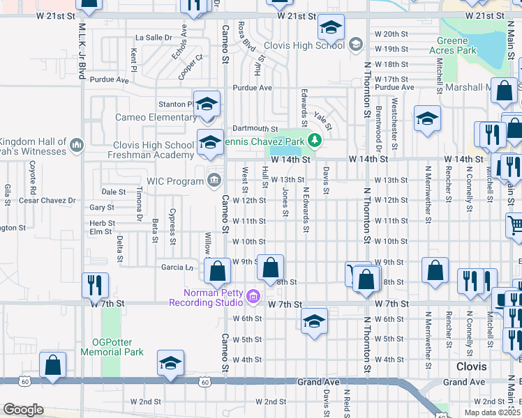 map of restaurants, bars, coffee shops, grocery stores, and more near 1112 Hull Street in Clovis