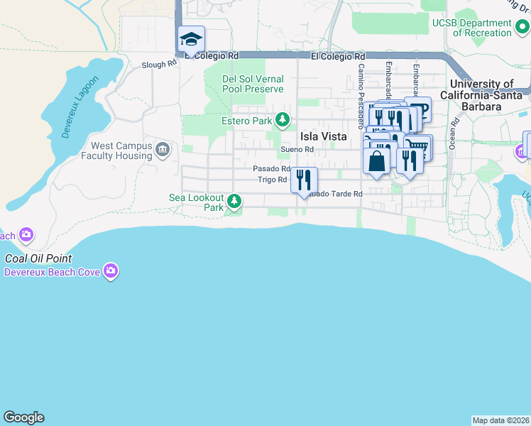 map of restaurants, bars, coffee shops, grocery stores, and more near 6743 Del Playa Drive in Goleta