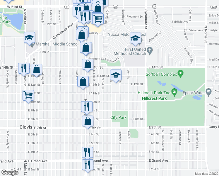 map of restaurants, bars, coffee shops, grocery stores, and more near 1112 Maple Street in Clovis