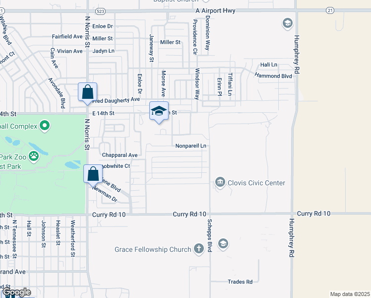 map of restaurants, bars, coffee shops, grocery stores, and more near 205 Nonpareil Lane in Clovis