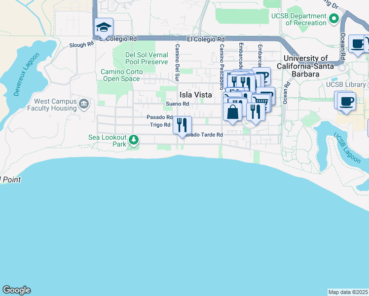 map of restaurants, bars, coffee shops, grocery stores, and more near 6686 Del Playa Drive in Goleta