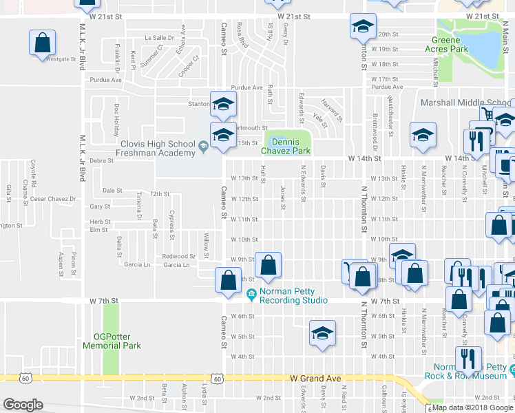 map of restaurants, bars, coffee shops, grocery stores, and more near 1112 North Hull Street in Clovis