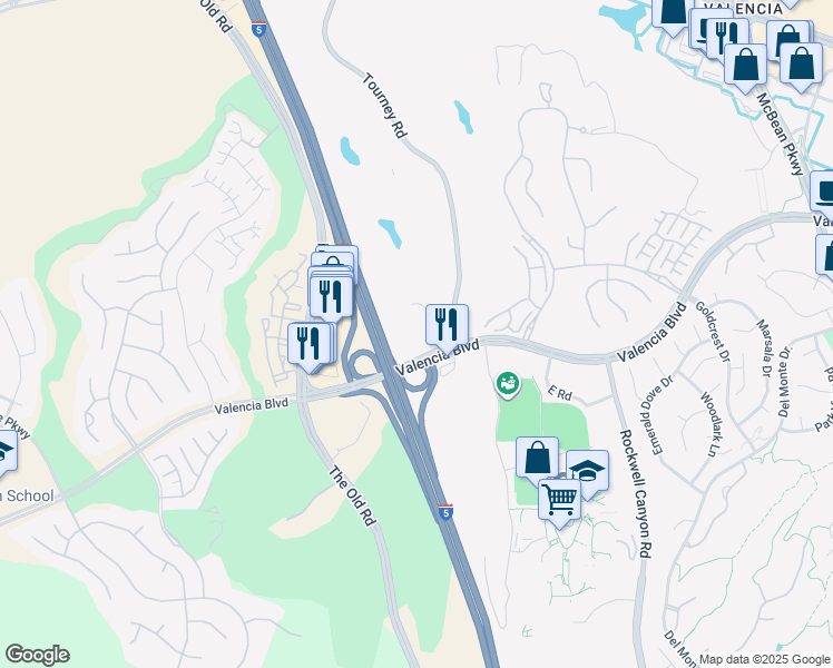 map of restaurants, bars, coffee shops, grocery stores, and more near 25100 Springfield Court in Santa Clarita