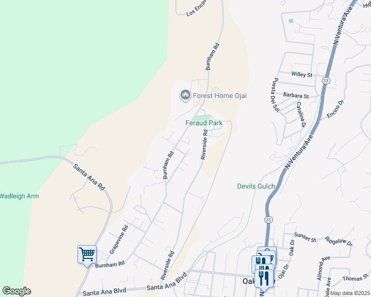 map of restaurants, bars, coffee shops, grocery stores, and more near 498 Burnham Road in Oak View
