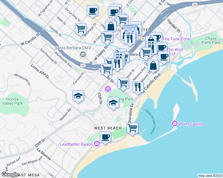 map of restaurants, bars, coffee shops, grocery stores, and more near 215 Castillo Street in Santa Barbara