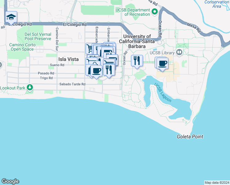 map of restaurants, bars, coffee shops, grocery stores, and more near 6520 El Nido Lane in Goleta
