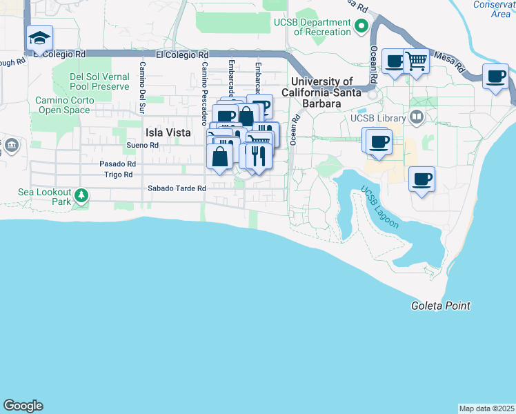map of restaurants, bars, coffee shops, grocery stores, and more near 1020 El Embarcadero Road in Goleta