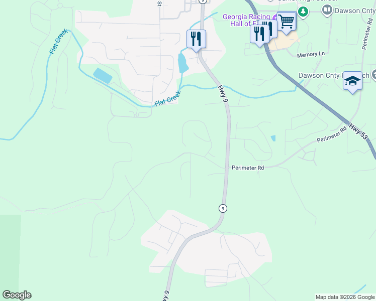 map of restaurants, bars, coffee shops, grocery stores, and more near 418 Burt's Crossing Drive in Dawsonville
