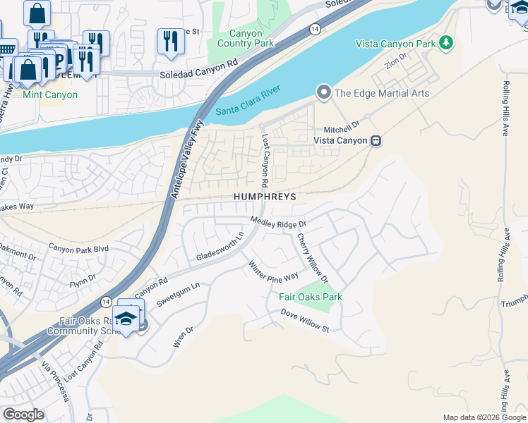 map of restaurants, bars, coffee shops, grocery stores, and more near Lost Canyon Road in Los Angeles County