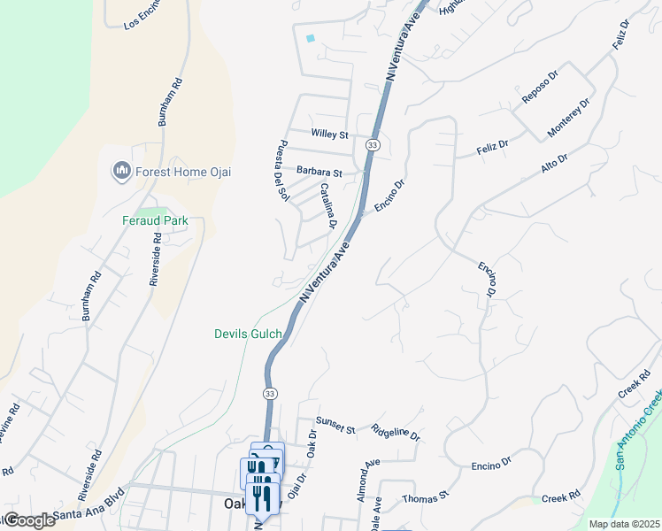 map of restaurants, bars, coffee shops, grocery stores, and more near 10980 North Ventura Avenue in Oak View