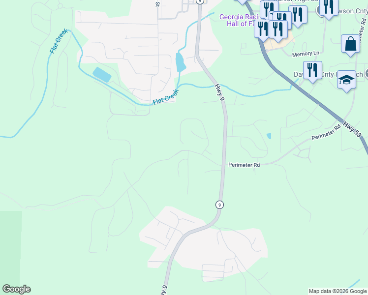 map of restaurants, bars, coffee shops, grocery stores, and more near 418 Burt's Crossing Drive in Dawsonville