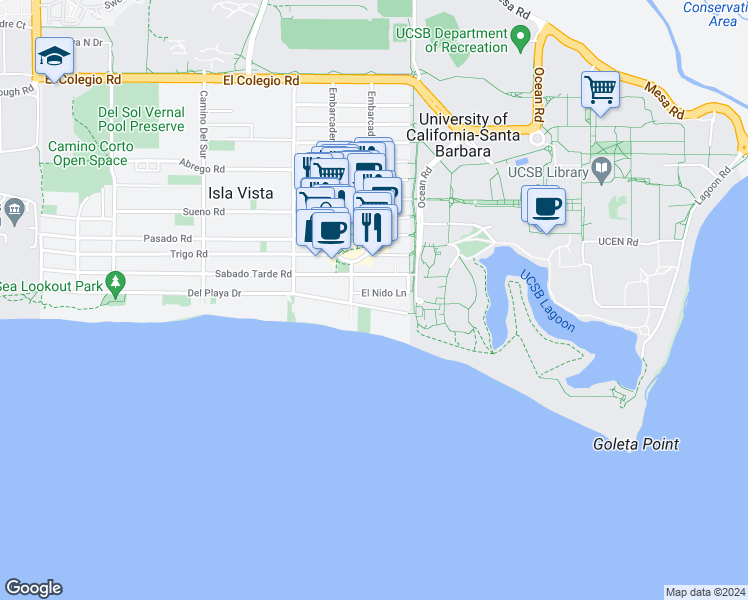 map of restaurants, bars, coffee shops, grocery stores, and more near 6534 Del Playa Drive in Isla Vista