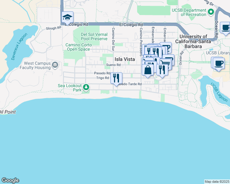 map of restaurants, bars, coffee shops, grocery stores, and more near 6686 Del Playa Drive in Goleta