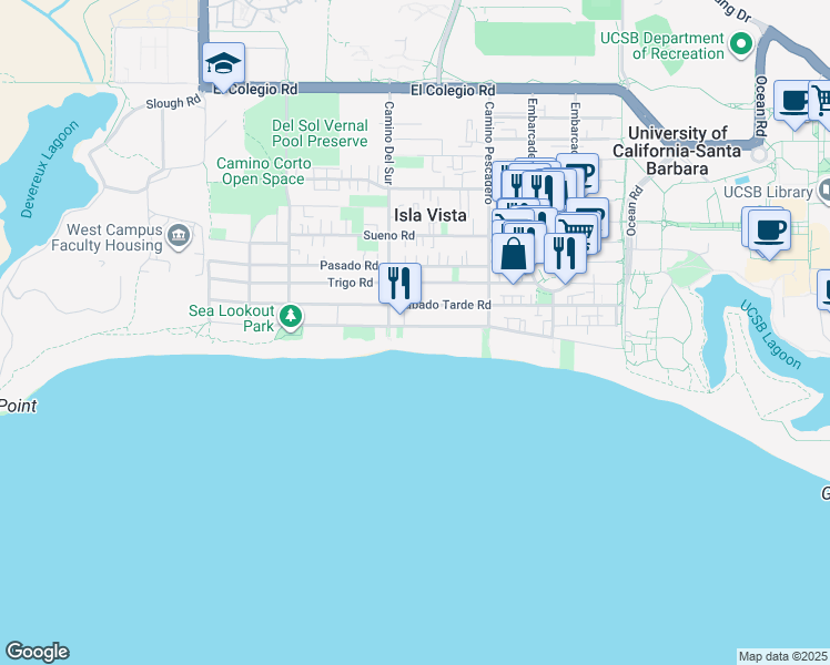 map of restaurants, bars, coffee shops, grocery stores, and more near 6686 Del Playa Drive in Goleta