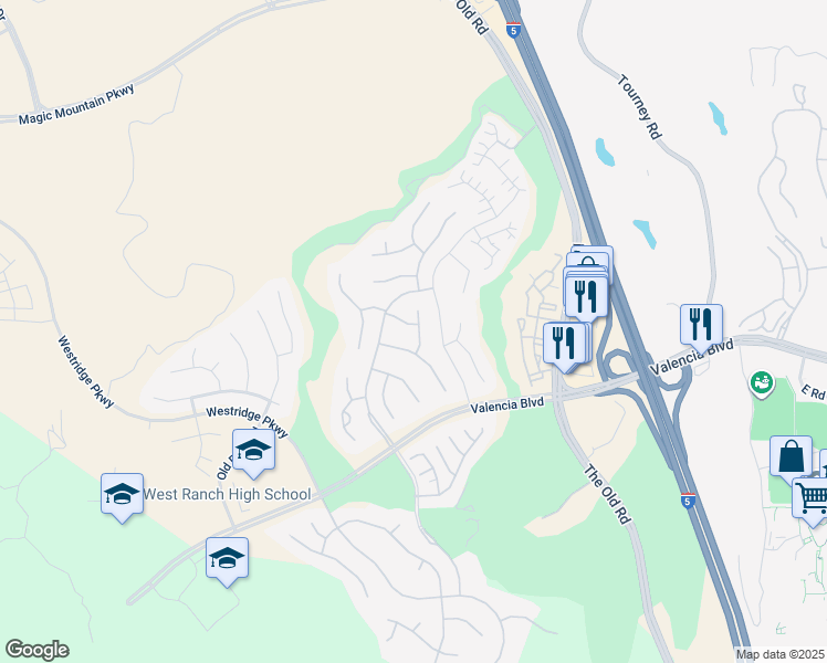 map of restaurants, bars, coffee shops, grocery stores, and more near 25604 Mesquite Court in Stevenson Ranch