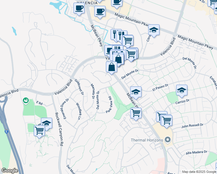 map of restaurants, bars, coffee shops, grocery stores, and more near 24155 Del Monte Drive in Santa Clarita