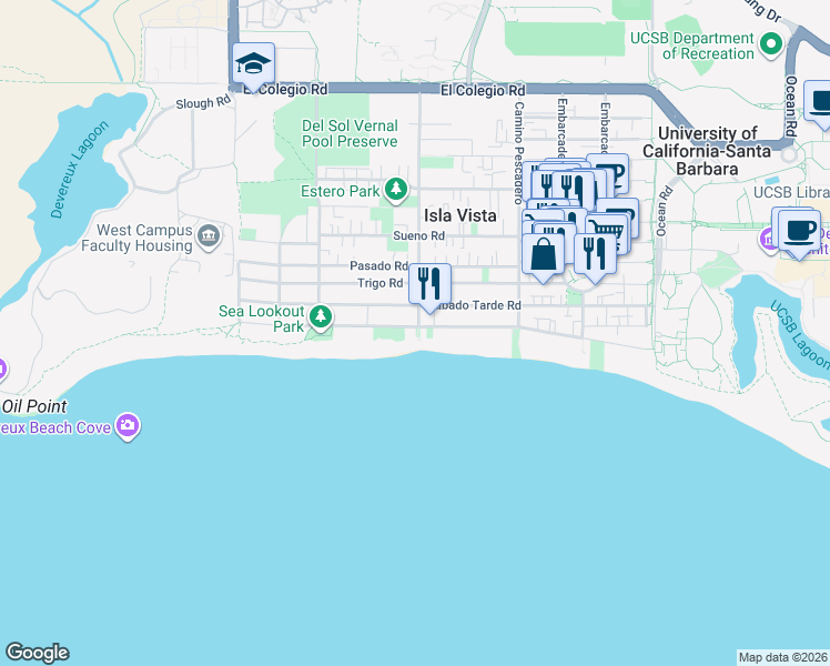 map of restaurants, bars, coffee shops, grocery stores, and more near 6686 Del Playa Drive in Goleta