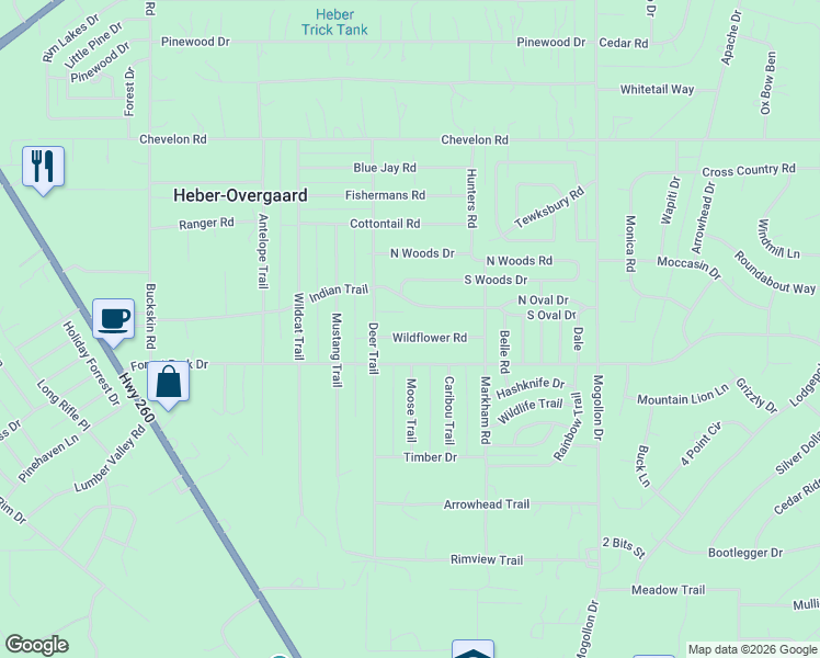 map of restaurants, bars, coffee shops, grocery stores, and more near 2141 Indian Trail in Heber-Overgaard