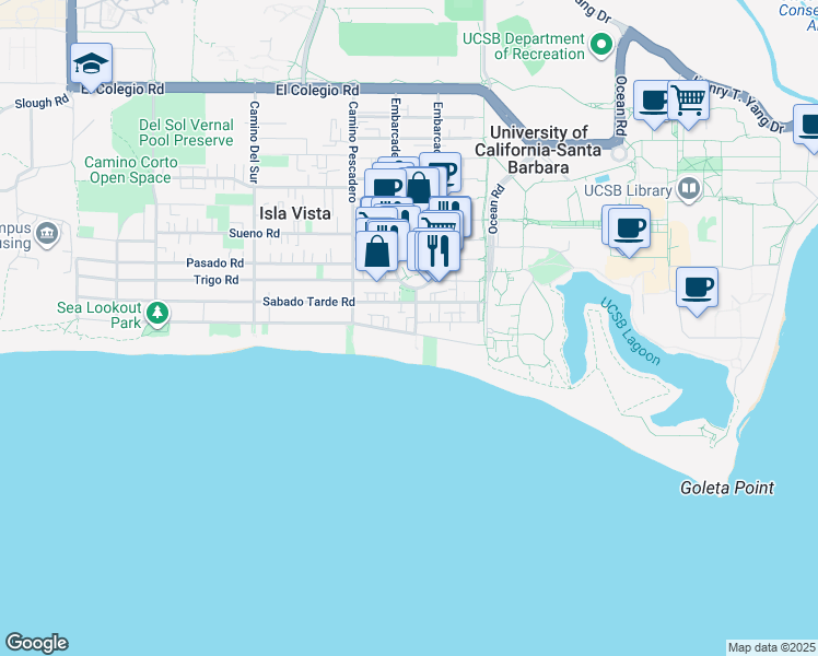 map of restaurants, bars, coffee shops, grocery stores, and more near 1020 El Embarcadero Road in Goleta