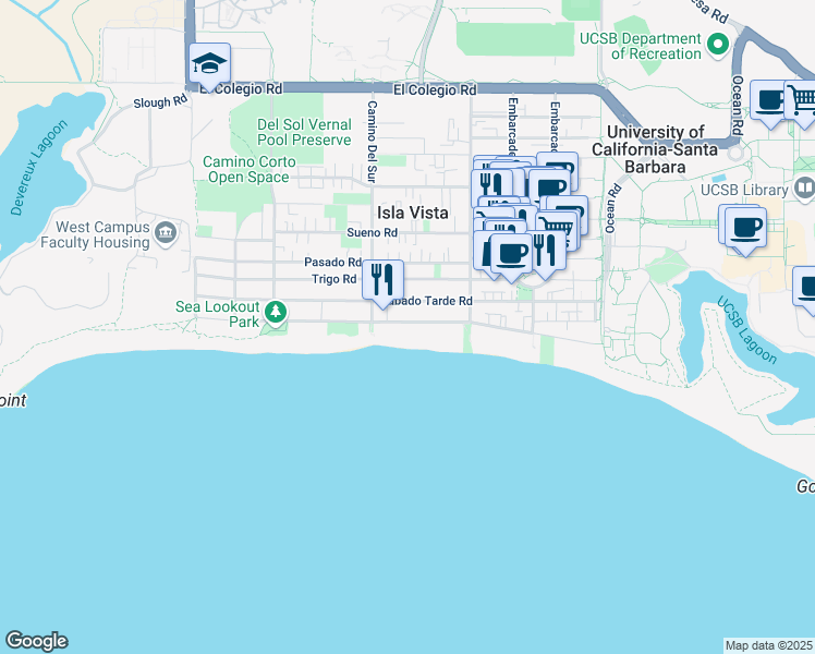map of restaurants, bars, coffee shops, grocery stores, and more near 6647 Del Playa Drive in Goleta