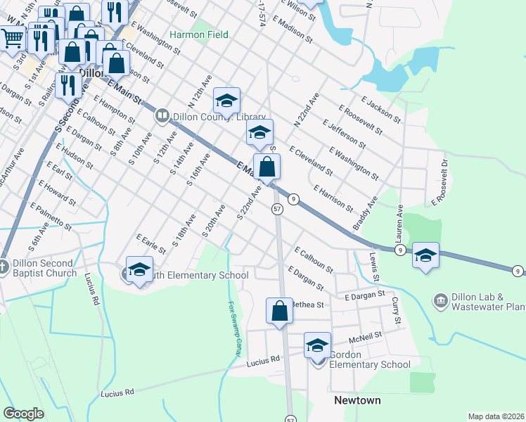 map of restaurants, bars, coffee shops, grocery stores, and more near 1211 East Hampton Street in Dillon