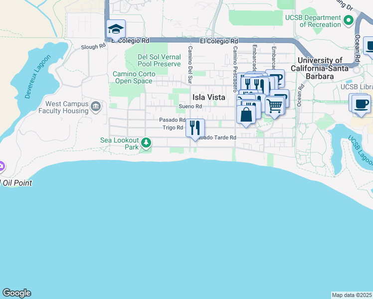 map of restaurants, bars, coffee shops, grocery stores, and more near 6707 Del Playa Drive in Goleta