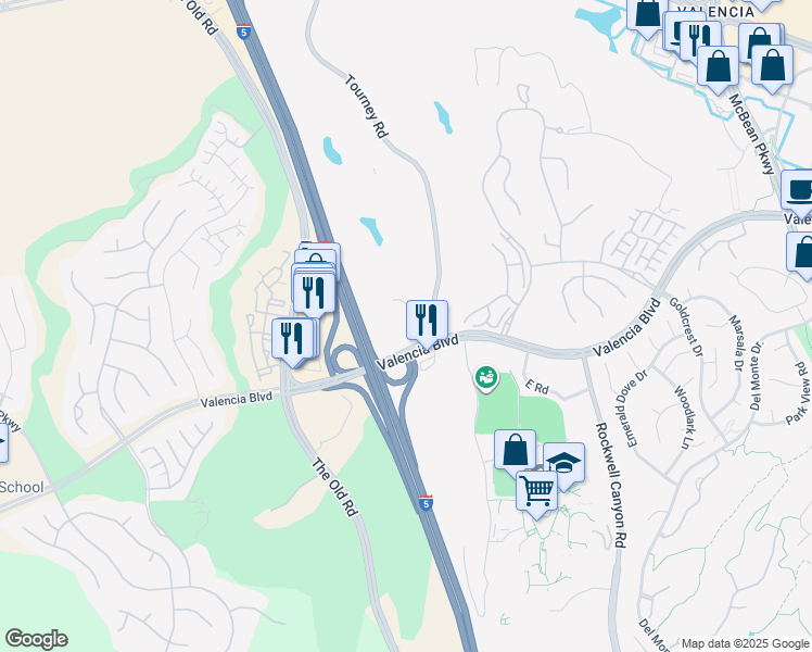 map of restaurants, bars, coffee shops, grocery stores, and more near 25100 Springfield Court in Santa Clarita
