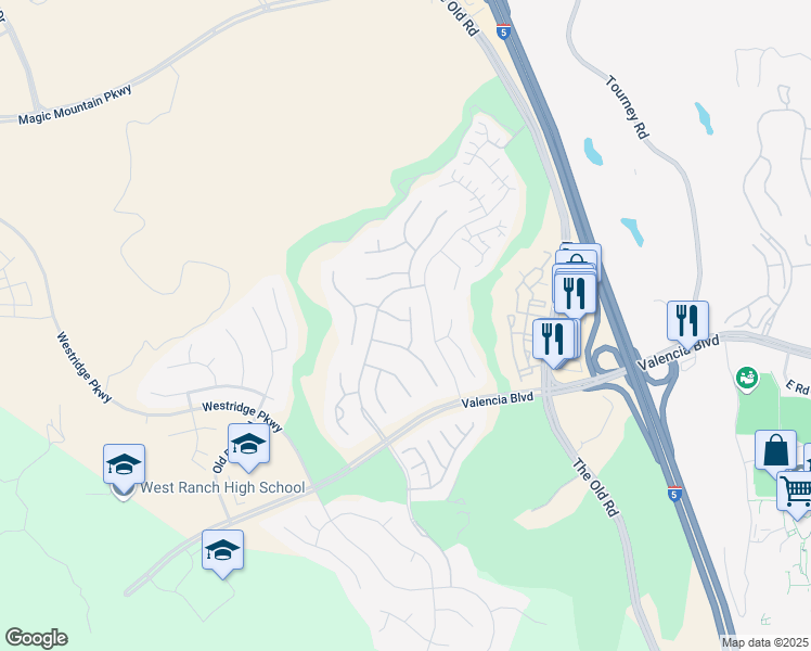 map of restaurants, bars, coffee shops, grocery stores, and more near 25604 Mesquite Court in Stevenson Ranch